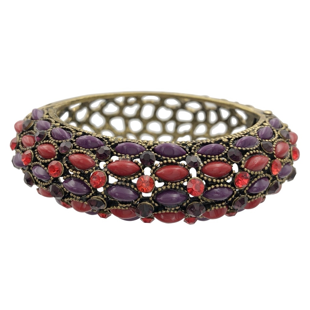 Red & Purple Vintage Look Resin & Rhinestone Gold Hinged Bangle Bracelet